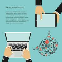 en línea datos transferir concepto. habla nube Entre dos ordenador portátil y tableta. tecnología conexión concepto. plano vector ilustración.