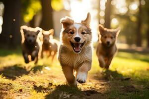 A heartwarming moment captured in a sunny park - playful puppies chasing their parent dogs background with empty space for text photo