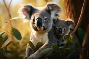 A heartwarming capture of a koala mother and joey nestled on a eucalyptus tree background with empty space for text photo