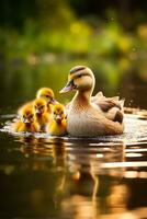 Cute ducklings follow their mom as they paddle gracefully across the sparkling pond creating a heartwarming scene photo