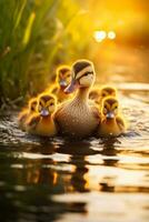 Cute ducklings follow their mom as they paddle gracefully across the sparkling pond creating a heartwarming scene photo