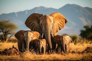 An intimate moment captured in the African safari an elephant family cuddles together with a scenic background perfect for text photo