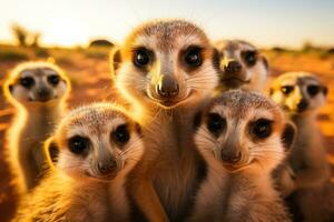 A close-up photo of a meerkat family huddled together playfully grooming and basking under the desert sun