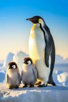 A charming photo of penguin parents and their adorable chicks set against a breathtaking Antarctic background with empty space for text