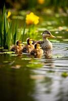 A serene pond view with a mother duck and her adorable ducklings showcasing a tranquil background with ample space for text photo