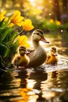 Cute ducklings follow their mom as they paddle gracefully across the sparkling pond creating a heartwarming scene photo