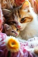 A heartwarming moment captured as a mother cat gently cuddles her adorable newborn kittens in the comfort of their home photo