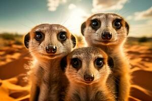 A close-up of a meerkat family playfully digging in the desert sand with a spacious background for text photo