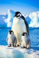 A charming photo of penguin parents and their adorable chicks set against a breathtaking Antarctic background with empty space for text