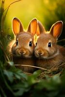 Adorable baby rabbits snuggled up to their mother in a lush green field portraying warmth and love photo