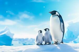 A charming photo of penguin parents and their adorable chicks set against a breathtaking Antarctic background with empty space for text