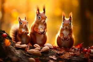 un encantador ardilla familia afanosamente coleccionar nueces en el vibrante otoño colores de el bosque foto