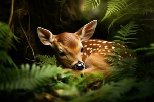 A serene scene of a sleeping fawn nestled beside its doe surrounded by lush foliage and a background with empty space for text photo