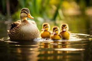 Cute ducklings follow their mom as they paddle gracefully across the sparkling pond creating a heartwarming scene photo