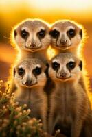 A close-up photo of a meerkat family huddled together playfully grooming and basking under the desert sun