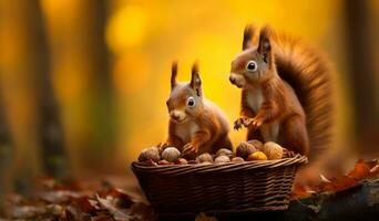 un encantador ardilla familia afanosamente coleccionar nueces en el vibrante otoño colores de el bosque foto