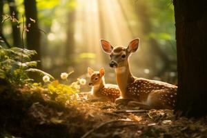 A peaceful scene in the forest as a slumbering fawn and doe share a tender moment amidst dappled sunlight photo