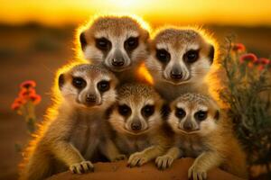 A close-up photo of a meerkat family huddled together playfully grooming and basking under the desert sun