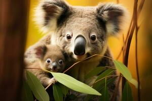 un reconfortante imagen de un coala madre y joey acurrucarse y mordisqueando en Fresco eucalipto hojas en lozano australiano bosques foto