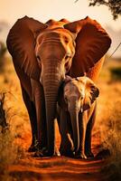 An intimate moment captured in the African safari an elephant family cuddles together with a scenic background perfect for text photo