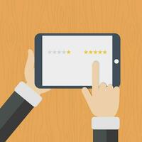 Minimalistic illustration of hands holding a tablet computer with rating system and hand pushing the button, vector