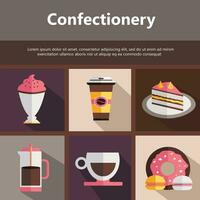 Confectionery icon set. Sweet food vector icon set. Cake, donut, ice cream, hot chocolate. Flat vector icon set