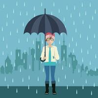 Girl with umbrella under the rain. Big city silhouette on the background. Flat vector illustration of Autumn.