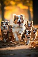 A joyful moment capture Adorable puppies romp with their proud parent dogs in a vibrant park setting photo