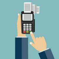 Hand enters a pin code for a bank card on the payment card machine. Flat vector illustration.