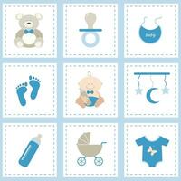 Baby shower icons set, boy blue. Flat vector design.