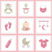 Baby shower icons set, girl pink. Flat vector design.