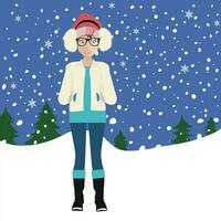 Girl standing in the snow. Snowflakes and trees in the background. Winter concept. Flat vector illustration.
