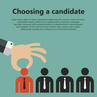 Choosing the best candidate for the job concept. Hand picking up a businessman from the row. Flat vector design