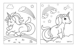 colorante página con linda unicornio. vector negro y blanco imagen para niños. frio unicornios con arcoíris, flores, dulces