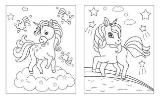 Coloring page with cute unicorn. Vector black and white image for children. Cool unicorns with rainbow, flowers, sweets.