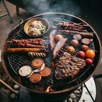 A la parrilla carne con un variedad de carnes en un plato Perfecto aperitivo generado por ai foto