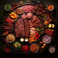 Grilled Meat with a variety of meats on a plate perfect appetizer generated by AI photo