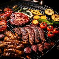 A la parrilla carne con un variedad de carnes en un plato Perfecto aperitivo generado por ai foto