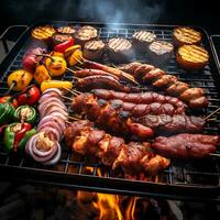 A la parrilla carne con un variedad de carnes en un plato Perfecto aperitivo generado por ai foto