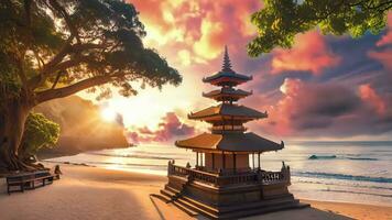 ai generativo, hermosa hindú templo a increíble tropical playa video