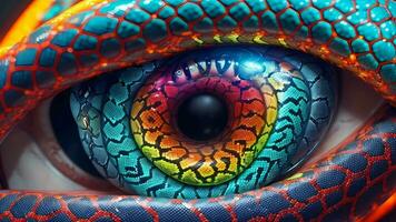 ai generativ, schön Fantasie Mensch Reptil Auge mit Neon- Farbe Kunst video