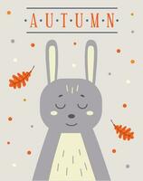 Cute simple autumn postcard design with cartoon rabbit and falling leaves vector