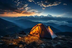 estrellado cumbre cámping tienda inclinado alto, inmerso en montañoso nocturno grandeza ai generado foto