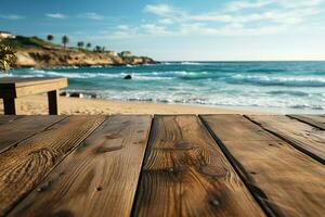 Beachside montage Wooden deck complements blurred beach for versatile product presentation AI Generated photo