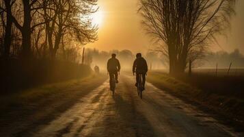 el libertad de el abierto camino, ciclistas en un puesta de sol la carretera - espalda ver ai generado foto