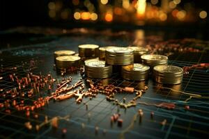 Dual coins and graph in cityscape symbolize financial growth and stock market success AI Generated photo