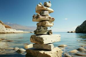 Beachfront relic Stones stacked as a pyramid, overlooking the expansive sea expanse AI Generated photo