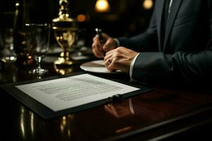 Binding contract Close up of businessmans signature embodies official commitment and agreement AI Generated photo