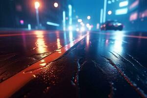 Neon-lit streets, searchlight beams, and smoky abstract ambiance on wet asphalt. AI Generated photo