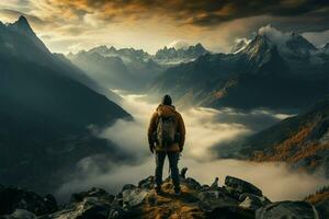 picos triunfo, exitoso hombre caminante sabores vista, conquistador ambos montaña y viaje ai generado foto